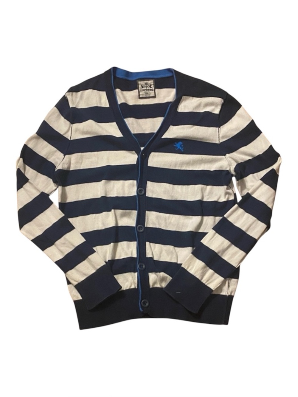 Express 100% Cotton Striped Cardigan Sweater Navy White Button Front M